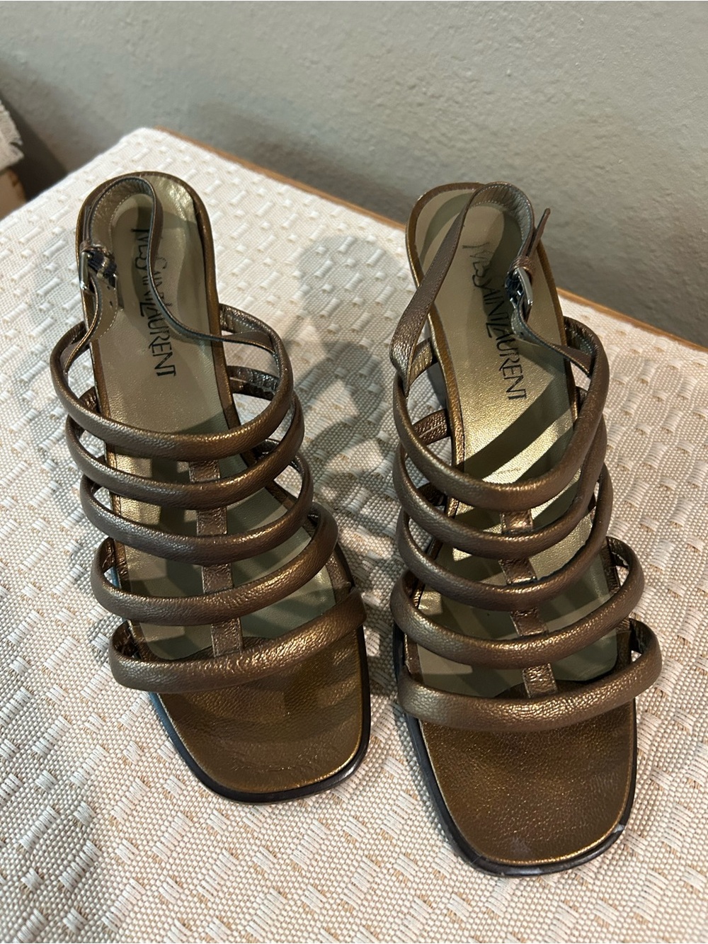 Vintage Yves Saint Laurent Brass strappy block heel sandals Size 9.5